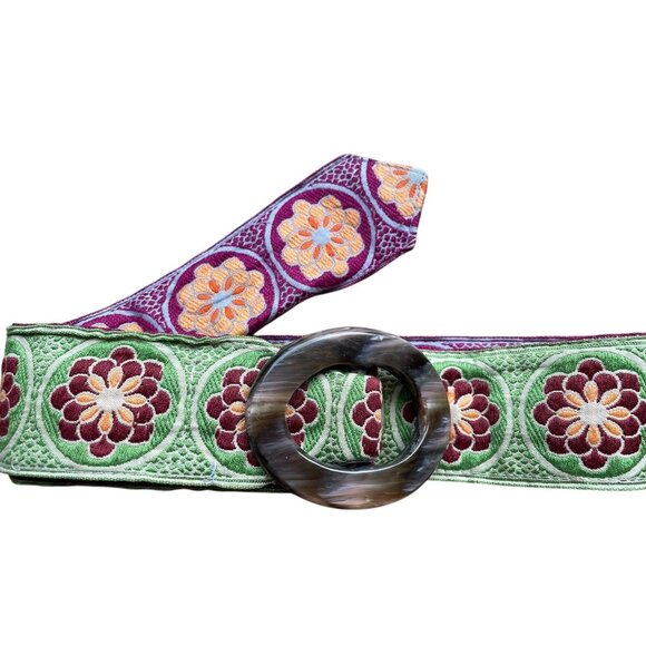 Hadley Pollet Green/Orange/Raspberry Zinnia Floral Embroidered Reversible Belt - Picture 1 of 4